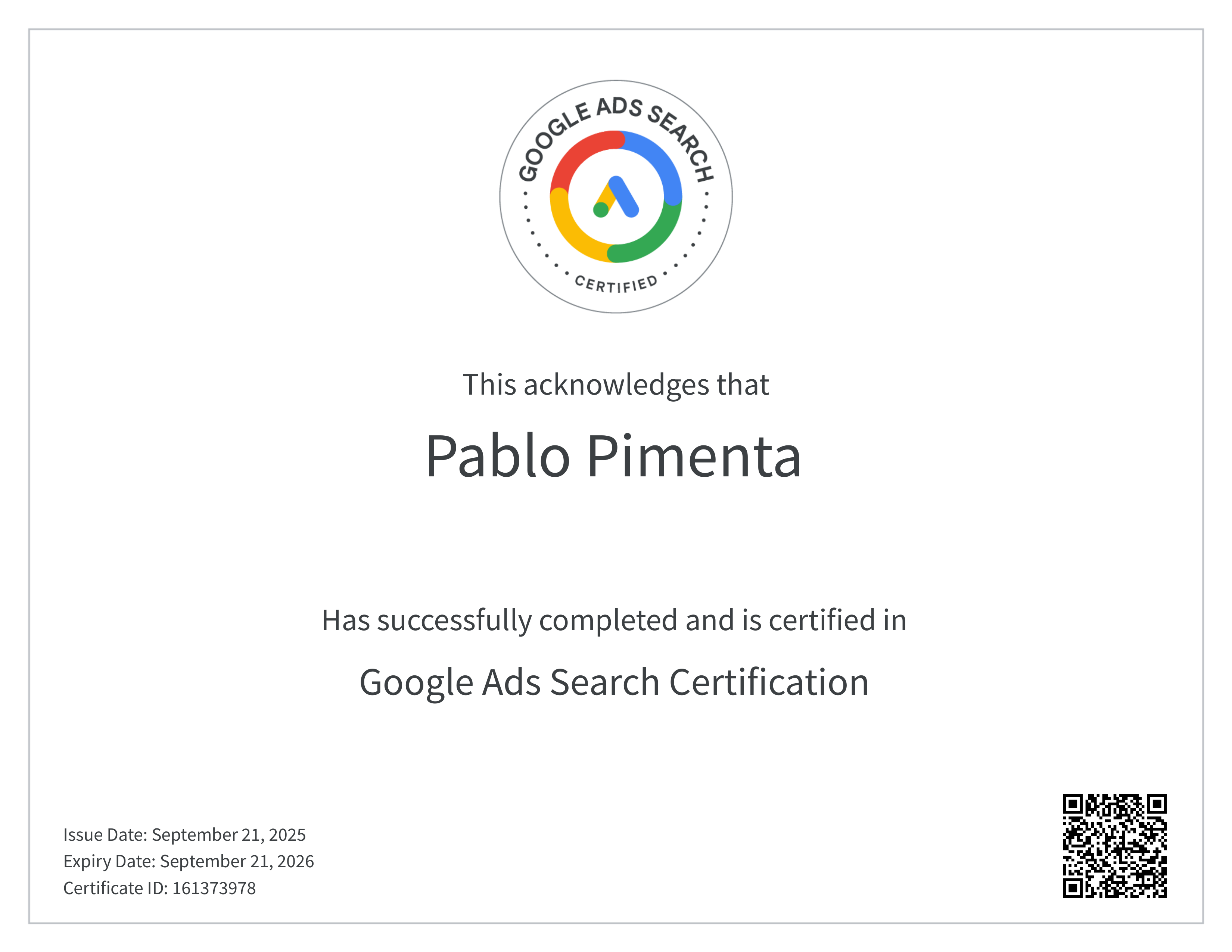 Google Ads Search Certification - Pablo Pimenta